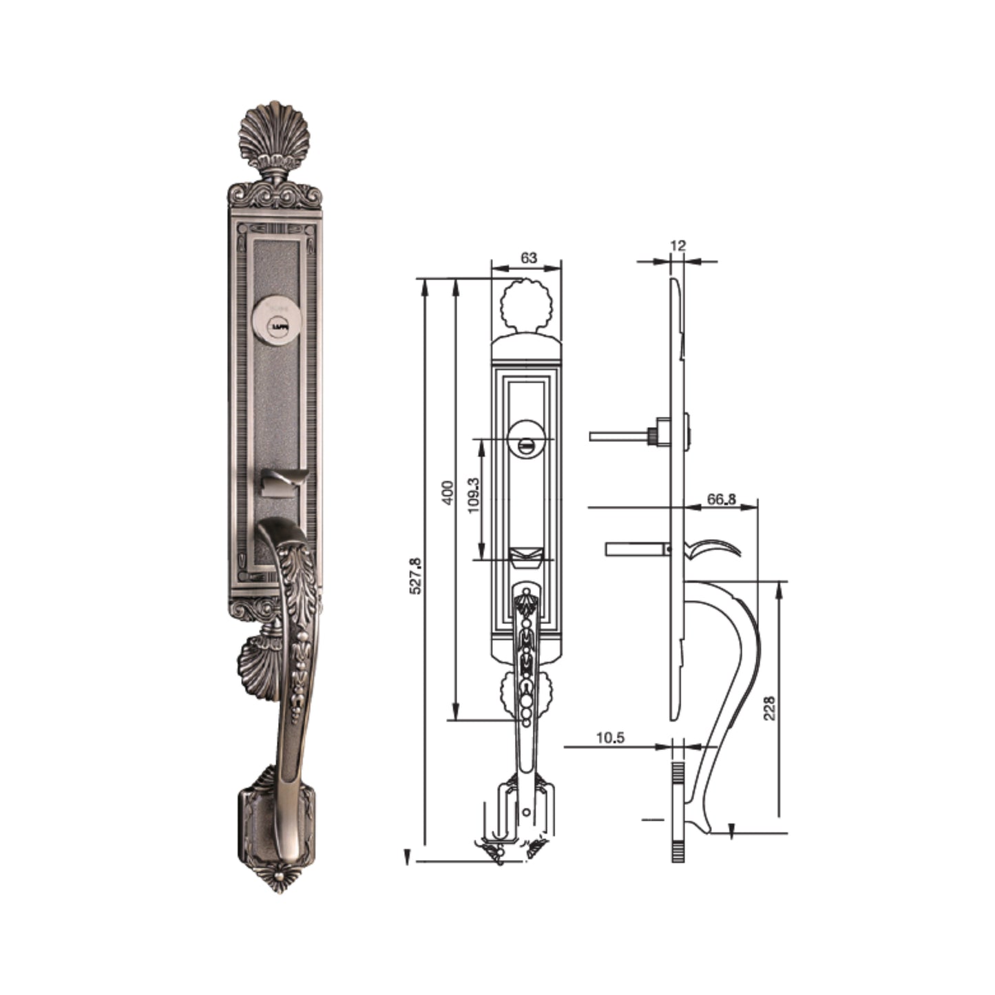 GRIP HANDLE LOCK SET ENT. ANTIQUE BRASS (499.94.121)